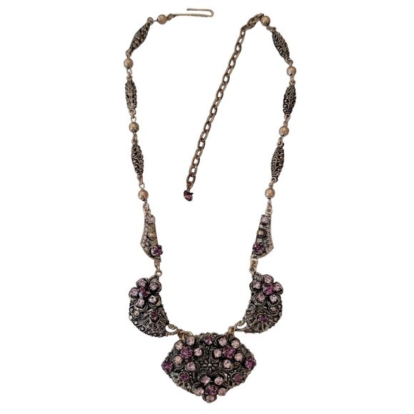 W Germany Gold Tone Filigree Bead Purple Rhinestone Collar Style Necklace, E522